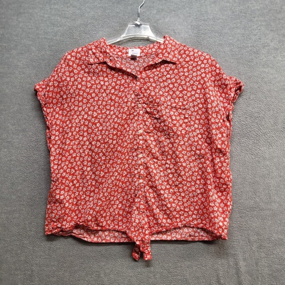 Old Navy Women Top 2XL Red Floral Linen Blend Button Up Collar Cap Sleeve